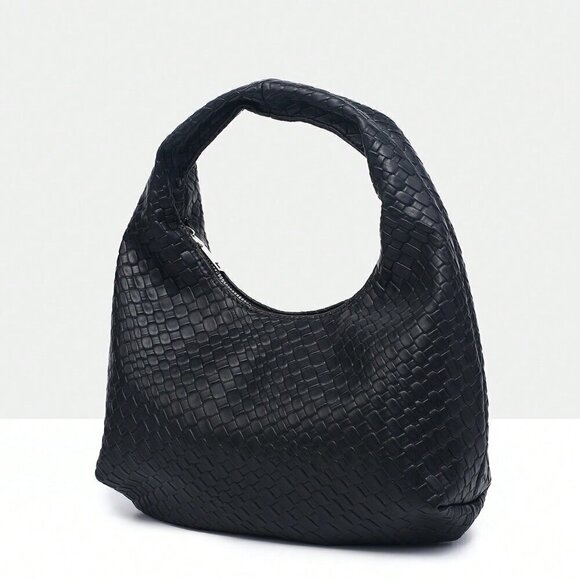 Black Casual Women's Leisure Faux Woven Leather Shoulder Bag - Picture 3 of 6